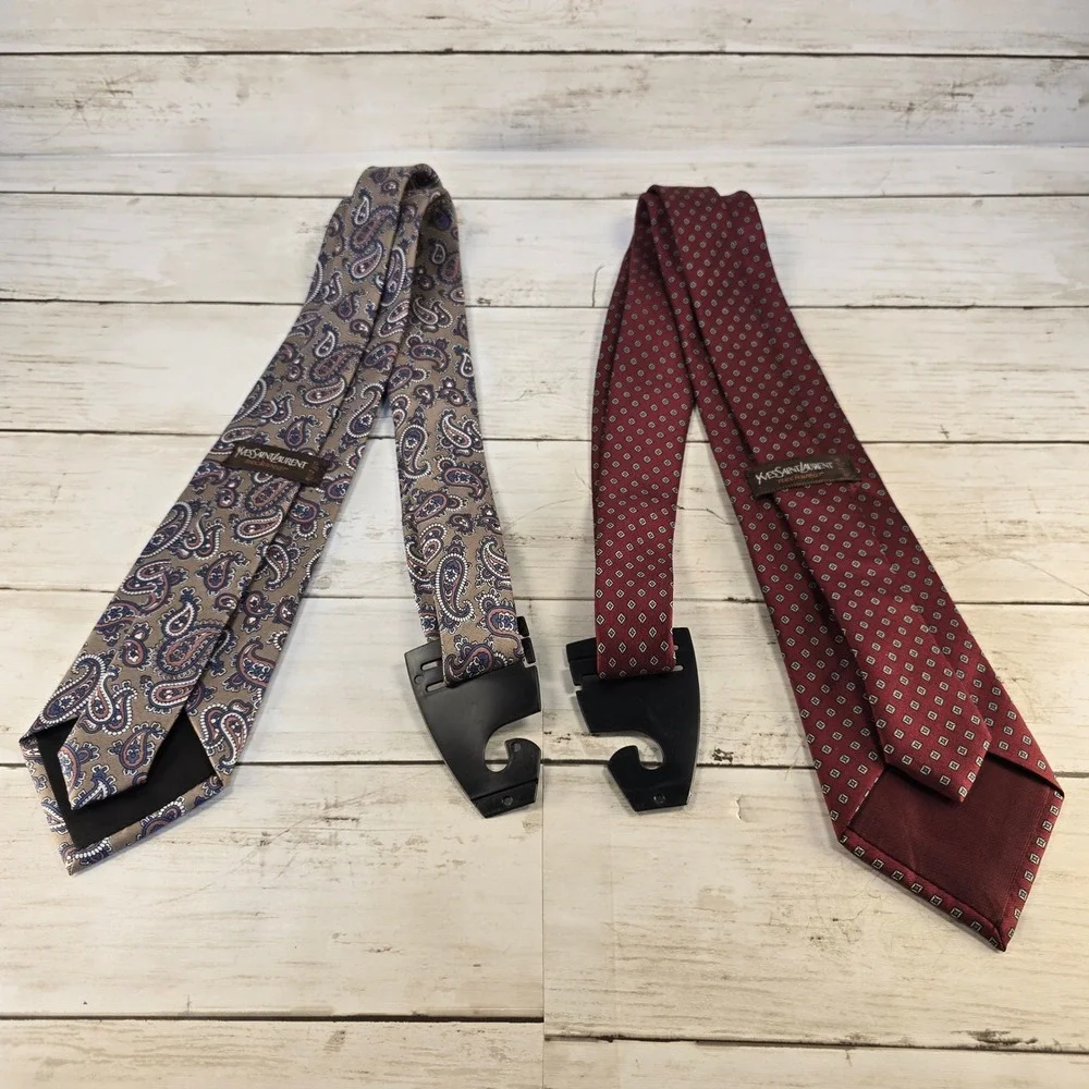Yves Saint Laurent Silk Tie Lot 2 Burgundy Geometric & Taupe Paisley Vintage YSL